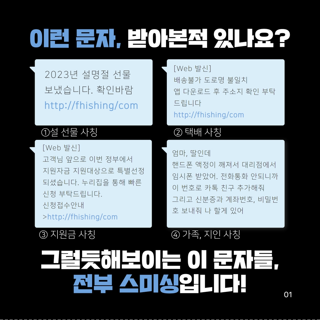 이런 문자, 받아본적 있나요?
2023년 설명절 선물 보냈습니다. 확인바람
http://fhishing/com
1설 선물 사칭
[Web발신]
고객님 앞으로 이번 정부에서 지원자금 지원대상으로 특별선정 되셨습니다. 누리집을 통해 빠른 신청 부탁드립니다.
[Web발신]
배송불가 도로명 불일치
앱 다운로드 후 주소지 확인 부탁 드립니다
http://fhishing/com
2 택배 사칭
엄마, 딸인데
핸드폰 액정이 깨져서 대리점에서 임시폰 받았어. 전화통화 안되니까 이 번호로 카톡 친구 추가해줘
신청접수안내
>http://fhishing/com
3 지원금 사칭
그리고 신분증과 계좌번호, 비밀번 호 보내줘 나 할게 있어
) 가족, 지인 사칭
그럴듯해보이는 이 문자들,
전부 스미싱입니다!