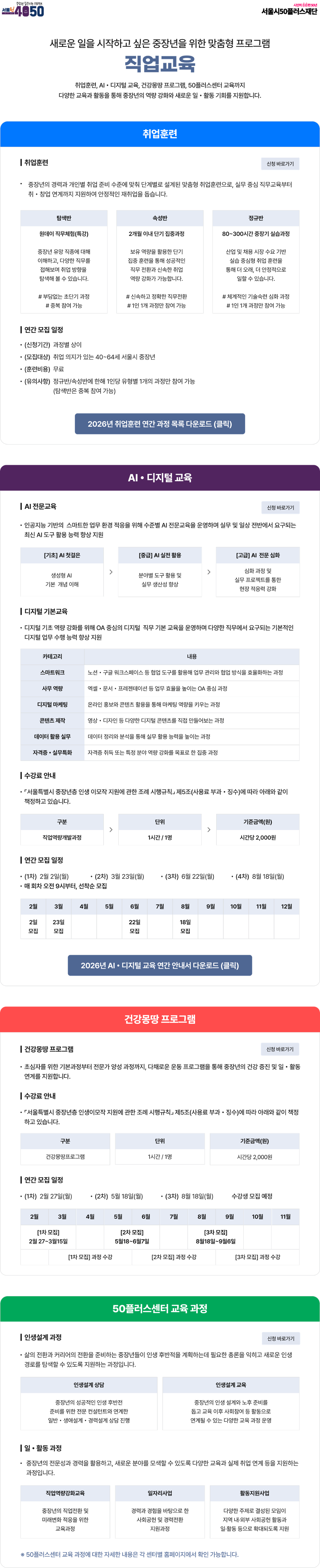 서울런4050 ᅵ취업훈련 새로운 일을 시작하고 싶은 중장년을 위한 맞춤형 프로그램 직업교육 취업훈련, AI&middot; 디지털 교육, 건강몽땅 프로그램, 50플러스센터 교육까지 다양한 교육과 활동을 통해 중장년의 역량 강화와 새로운 일 활동 기회를 지원합니다. 취업훈련 신청 바로가기 중장년의 경력과 개인별 취업 준비 수준에 맞춰 단계별로 설계된 맞춤형 취업훈련으로, 실무 중심 직무교육부터 취&middot;창업 연계까지 지원하여 안정적인 재취업을 돕습니다. 탐색반 속성반 정규반 원데이 직무체험(특강) 2개월 이내 단기집중과정 80~300시간 중장기 실습과정 중장년 유망 직종에 대해 이해하고, 다양한 직무를 접해보며 취업 방향을 탐색해 볼 수 있습니다. 보유 역량을 활용한 단기 집중훈련을 통해 성공적인 직무 전환과 신속한 취업 역량강화가 가능합니다. 산업 및 채용 시장 수요 기반 실습 중심형 취업 훈련을 통해 더 오래, 더 안정적으로 일할 수 있습니다. #부담없는 초단기 과정 #중복 참여 가능 #신속하고 정확한 직무전환 # 1인 1개 과정만 참여 가능 #체계적인 기술숙련 심화 과정 #1인1개 과정만 참여 가능 | 연간 모집 일정 . (신청기간) 과정별 상이 (모집대상) 취업 의지가 있는 40~64세 서울시 중장년 . (훈련비용) 무료 (유의사항) 정규반/속성반에 한해 1인당 유형별 1개의 과정만 참여 가능 (탐색반은 중복 참여 가능) | AI 전문교육 2026년 취업훈련 연간 과정 목록 다운로드 (클릭) AI&middot; 디지털 교육 신청 바로가기 인공지능 기반의 스마트한 업무 환경 적응을 위해 수준별 AI 전문교육을 운영하며 실무 및 일상 전반에서 요구되는 최신 AI 도구 활용 능력 향상 지원 [기초] AI 첫걸은 [중급] AI 실전 활용 [고급] AI 전문 심화 생성형 AI 기본 개념 이해 분야별 도구 활용 및 실무 생산성 향상 심화 과정 및 실무 프로젝트를 통한 현장 적응력 강화 디지털 기본교육 디지털 기초역량 강화를 위해 OA 중심의 디지털 직무 기본 교육을 운영하며 다양한 직무에서 요구되는 기본적인 디지털 업무 수행 능력 향상 지원 카테고리 내용 스마트워크 노션 구글 워크스페이스 등 협업 도구를 활용해 업무 관리와 협업 방식을 효율화하는 과정 사무 역량 엑셀문서 프레젠테이션 등 업무 효율을 높이는 OA 중심 과정 디지털 마케팅 온라인 홍보와 콘텐츠 활용을 통해 마케팅 역량을 키우는 과정 콘텐츠 제작 영상&middot;디자인 등 다양한 디지털 콘텐츠를 직접 만들어보는 과정 데이터 활용 실무 데이터 정리와 분석을 통해 실무 활용 능력을 높이는 과정 자격증&middot;실무특화 자격증 취득 또는 특정 분야 역량 강화를 목표로 한 집중 과정 | 수강료 안내 ・「서울특별시 중장년층 인생 이모작 지원에 관한 조례 시행규칙」 제5조(사용료 부과&middot;징수)에 따라 아래와 같이 책정하고 있습니다. 구분 단위 기준금액(원) 직업역량개발과정 1시간/1명 시간당 2,000원 |연간 모집 일정 . (1차) 2월 2일(월) (2차) 3월 23일(월)  매 회차 오전 9시부터 선착순 모집 (3차) 6월 22일(월) (4차) 8월 18일(월) 2월 3월 4월 5월 6월 7월 8월 9월 10월 11월 12월 2일 23일 22일 18일 모집 모집 모집 모집 2026년 AI 디지털 교육 연간 안내서 다운로드 (클릭) 건강몽땅 프로그램 시민의튼튼한50년 |건강몽땅 프로그램 신청 바로가기 초심자를 위한 기본과정부터 전문가 양성 과정까지, 다채로운 운동 프로그램을 통해 중장년의 건강 증진 및 일 활동 연계를 지원합니다. | 수강료 안내「서울특별시 중장년층 인생이모작지원에 관한 조례 시행규칙」 제5조(사용료 부과&middot;징수)에 따라 아래와 같이 책정 하고 있습니다. 구분 단위 기준금액(원) 건강몽땅프로그램 1시간/1명 시간당 2,000원 |연간 모집 일정 (1차) 2월 27일(월) (2차) 5월 18일(월) (3차) 8월 18일(월) 수강생 모집 예정 2월 3월 4월 5월 6월 7월 8월 9월 10월 11월 [1차 모집] 2월27~3월15일 [2차 모집] 5월18~6월7일 [3차 모집] 8월18일~9월6일 [1차 모집] 과정 수강 [2차 모집] 과정 수강 [3차 모집] 과정 수강 |인생설계 과정 50플러스센터 교육 과정 신청 바로가기 삶의 전환과 커리어의 전환을 준비하는 중장년들이 인생 후반적을 계획하는데 필요한 총론을 익히고 새로운 인생 경로를 탐색할 수 있도록 지원하는 과정입니다. 인생설계 상담 중장년의 성공적인 인생 후반전 준비를 위한 전문 컨설턴트와 연계한 인생설계 교육 중장년의 인생 설계와 노후 준비를 돕고 교육 이후 사회참여 등 활동으로 일반 &middot; 생애설계 경력설계 상담 진행 연계될 수 있는 다양한 교육 과정 운영 1일 &middot; 활동 과정 중장년의 전문성과 경력을 활용하고, 새로운 분야를 모색할 수 있도록 다양한 교육과 실제 취업 연계 등을 지원하는 과정입니다. 직업역량강화교육 일자리사업 활동지원사업 중장년의 직업전환 및 미래변화 적응을 위한 경력과 경험을 바탕으로 한 다양한 주제로 결성된 모임이 교육과정 사회공헌 및 경력전환 지원과정 지역 내&middot;외부 사회공헌 활동과 일&middot;활동 등으로 확대되도록 지원 ※ 50플러스센터 교육 과정에 대한 자세한 내용은 각 센터별 홈페이지에서 확인 가능합니다.