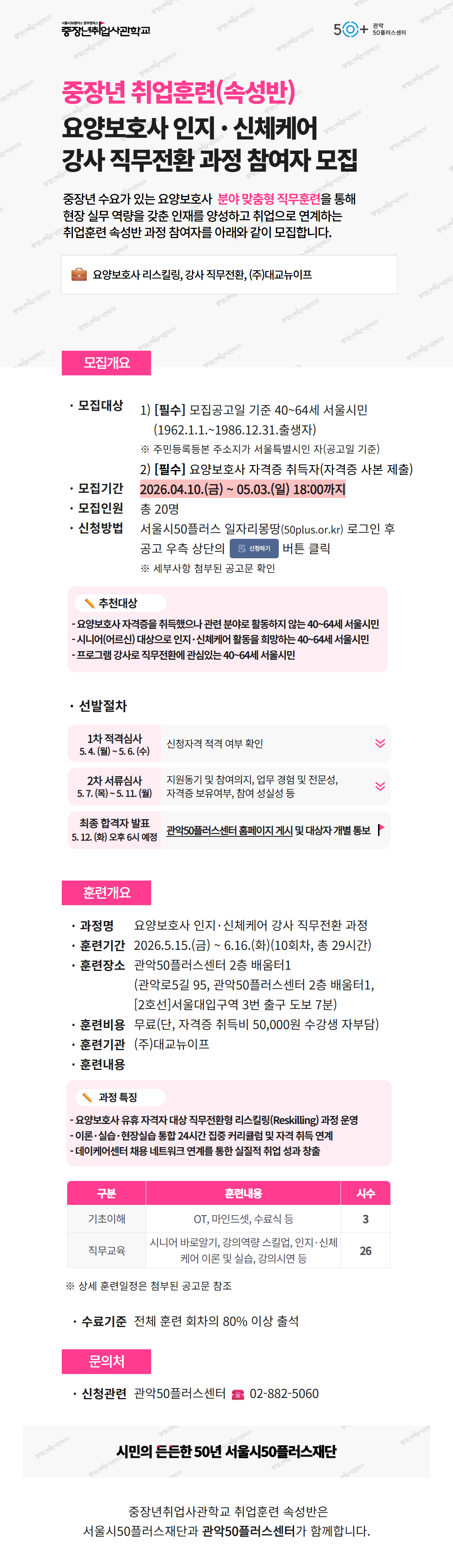 서울시50플러스재단 중장년취업사관학교 안내 포스터. &ldquo;중장년 취업훈련(속성반) &ndash; 요양보호사 인지&middot;신체케어 강사 직무전환 과정 참여자 모집&rdquo; 내용.  중장년 수요가 있는 요양보호사 분야 맞춤형 직무훈련을 통해 현장 실무 역량을 갖춘 인재를 양성하고 취업으로 연계하는 과정 안내. 요양보호사 리스킬링 및 강사 직무전환 과정(㈜대교뉴이프) 포함.  모집개요:  모집대상: 공고일 기준 40~64세 서울시민(1962.1.1~1986.12.31 출생자) &middot; 주민등록상 주소지가 서울시인 자 &middot; 요양보호사 자격증 취득자(자격증 사본 제출) 모집기간: 2026년 4월 10일(금) ~ 5월 3일(일) 18:00까지 모집인원: 총 20명 신청방법: 서울시50플러스 일자리몽땅(50plus.or.kr) 로그인 후 온라인 신청  추천대상:  요양보호사 자격증을 취득했으나 관련 분야로 활동하지 않는 40~64세 서울시민 시니어 대상 인지&middot;신체케어 활동을 희망하는 자 프로그램 강사로 직무전환에 관심 있는 자  선발절차:  1차 적격심사: 5월 4일(월) ~ 5월 6일(수), 신청자격 확인 2차 서류심사: 5월 7일(목) ~ 5월 11일(월), 참여의지&middot;경력&middot;전문성&middot;자격증 여부 등 평가 최종 합격자 발표: 5월 12일(화) 오후 6시 예정(관악50플러스센터 홈페이지 게시 및 개별 통보)  훈련개요:  과정명: 요양보호사 인지&middot;신체케어 강사 직무전환 과정 훈련기간: 2026년 5월 15일(금) ~ 6월 16일(화), 총 10회차(29시간) 훈련장소: 관악50플러스센터 2층 배움터1(서울대입구역 인근) 훈련비: 무료(단, 자격증 취득비 50,000원 수강생 부담) 훈련기관: ㈜대교뉴이프  과정 특징:  요양보호사 유휴 자격자 대상 직무전환 리스킬링 과정 이론&middot;실습&middot;현장실습 통합 커리큘럼 및 자격 취득 연계 데이케어센터 취업 네트워크 연계로 실질적 취업 지원  훈련내용:  기초이해: OT, 마인드셋, 수료식 등(3시간) 직무교육: 시니어 바이오리듬, 강의역량 스킬업, 인지&middot;신체케어 이론 및 실습, 강의시연 등(26시간)  수료기준: 전체 교육의 80% 이상 출석  문의: 관악50플러스센터, 전화 02-882-5060. 하단 문구: 시민의 든든한 50년 서울시50플러스재단. 중장년취업사관학교 취업훈련 속성반은 서울시50플러스재단과 관악50플러스센터가 함께 운영