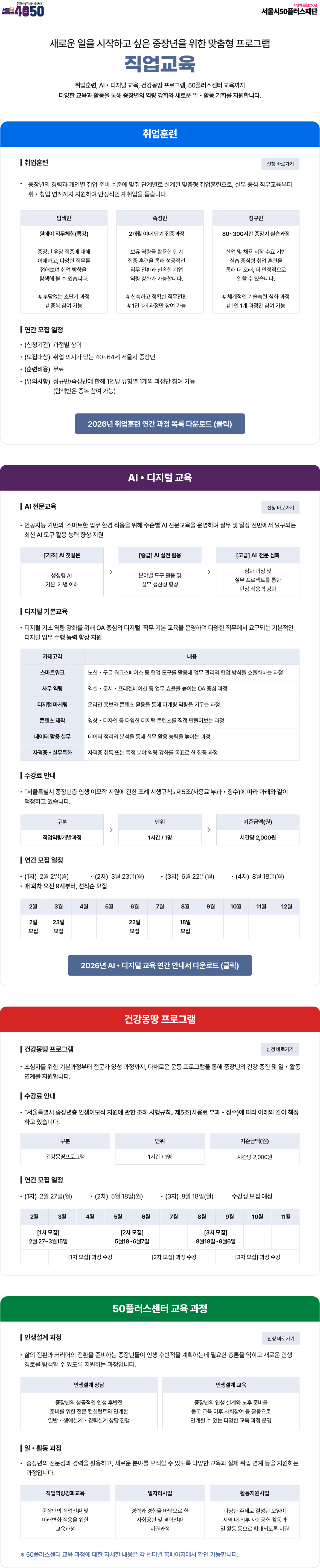 서울런4050 ᅵ취업훈련 새로운 일을 시작하고 싶은 중장년을 위한 맞춤형 프로그램 직업교육 취업훈련, AI&middot; 디지털 교육, 건강몽땅 프로그램, 50플러스센터 교육까지 다양한 교육과 활동을 통해 중장년의 역량 강화와 새로운 일 활동 기회를 지원합니다. 취업훈련 신청 바로가기 중장년의 경력과 개인별 취업 준비 수준에 맞춰 단계별로 설계된 맞춤형 취업훈련으로, 실무 중심 직무교육부터 취&middot;창업 연계까지 지원하여 안정적인 재취업을 돕습니다. 탐색반 속성반 정규반 원데이 직무체험(특강) 2개월 이내 단기집중과정 80~300시간 중장기 실습과정 중장년 유망 직종에 대해 이해하고, 다양한 직무를 접해보며 취업 방향을 탐색해 볼 수 있습니다. 보유 역량을 활용한 단기 집중훈련을 통해 성공적인 직무 전환과 신속한 취업 역량강화가 가능합니다. 산업 및 채용 시장 수요 기반 실습 중심형 취업 훈련을 통해 더 오래, 더 안정적으로 일할 수 있습니다. #부담없는 초단기 과정 #중복 참여 가능 #신속하고 정확한 직무전환 # 1인 1개 과정만 참여 가능 #체계적인 기술숙련 심화 과정 #1인1개 과정만 참여 가능 | 연간 모집 일정 . (신청기간) 과정별 상이 (모집대상) 취업 의지가 있는 40~64세 서울시 중장년 . (훈련비용) 무료 (유의사항) 정규반/속성반에 한해 1인당 유형별 1개의 과정만 참여 가능 (탐색반은 중복 참여 가능) | AI 전문교육 2026년 취업훈련 연간 과정 목록 다운로드 (클릭) AI&middot; 디지털 교육 신청 바로가기 인공지능 기반의 스마트한 업무 환경 적응을 위해 수준별 AI 전문교육을 운영하며 실무 및 일상 전반에서 요구되는 최신 AI 도구 활용 능력 향상 지원 [기초] AI 첫걸은 [중급] AI 실전 활용 [고급] AI 전문 심화 생성형 AI 기본 개념 이해 분야별 도구 활용 및 실무 생산성 향상 심화 과정 및 실무 프로젝트를 통한 현장 적응력 강화 디지털 기본교육 디지털 기초역량 강화를 위해 OA 중심의 디지털 직무 기본 교육을 운영하며 다양한 직무에서 요구되는 기본적인 디지털 업무 수행 능력 향상 지원 카테고리 내용 스마트워크 노션 구글 워크스페이스 등 협업 도구를 활용해 업무 관리와 협업 방식을 효율화하는 과정 사무 역량 엑셀문서 프레젠테이션 등 업무 효율을 높이는 OA 중심 과정 디지털 마케팅 온라인 홍보와 콘텐츠 활용을 통해 마케팅 역량을 키우는 과정 콘텐츠 제작 영상&middot;디자인 등 다양한 디지털 콘텐츠를 직접 만들어보는 과정 데이터 활용 실무 데이터 정리와 분석을 통해 실무 활용 능력을 높이는 과정 자격증&middot;실무특화 자격증 취득 또는 특정 분야 역량 강화를 목표로 한 집중 과정 | 수강료 안내 ・「서울특별시 중장년층 인생 이모작 지원에 관한 조례 시행규칙」 제5조(사용료 부과&middot;징수)에 따라 아래와 같이 책정하고 있습니다. 구분 단위 기준금액(원) 직업역량개발과정 1시간/1명 시간당 2,000원 |연간 모집 일정 . (1차) 2월 2일(월) (2차) 3월 23일(월)  매 회차 오전 9시부터 선착순 모집 (3차) 6월 22일(월) (4차) 8월 18일(월) 2월 3월 4월 5월 6월 7월 8월 9월 10월 11월 12월 2일 23일 22일 18일 모집 모집 모집 모집 2026년 AI 디지털 교육 연간 안내서 다운로드 (클릭) 건강몽땅 프로그램 시민의튼튼한50년 |건강몽땅 프로그램 신청 바로가기 초심자를 위한 기본과정부터 전문가 양성 과정까지, 다채로운 운동 프로그램을 통해 중장년의 건강 증진 및 일 활동 연계를 지원합니다. | 수강료 안내「서울특별시 중장년층 인생이모작지원에 관한 조례 시행규칙」 제5조(사용료 부과&middot;징수)에 따라 아래와 같이 책정 하고 있습니다. 구분 단위 기준금액(원) 건강몽땅프로그램 1시간/1명 시간당 2,000원 |연간 모집 일정 (1차) 2월 27일(월) (2차) 5월 18일(월) (3차) 8월 18일(월) 수강생 모집 예정 2월 3월 4월 5월 6월 7월 8월 9월 10월 11월 [1차 모집] 2월27~3월15일 [2차 모집] 5월18~6월7일 [3차 모집] 8월18일~9월6일 [1차 모집] 과정 수강 [2차 모집] 과정 수강 [3차 모집] 과정 수강 |인생설계 과정 50플러스센터 교육 과정 신청 바로가기 삶의 전환과 커리어의 전환을 준비하는 중장년들이 인생 후반적을 계획하는데 필요한 총론을 익히고 새로운 인생 경로를 탐색할 수 있도록 지원하는 과정입니다. 인생설계 상담 중장년의 성공적인 인생 후반전 준비를 위한 전문 컨설턴트와 연계한 인생설계 교육 중장년의 인생 설계와 노후 준비를 돕고 교육 이후 사회참여 등 활동으로 일반 &middot; 생애설계 경력설계 상담 진행 연계될 수 있는 다양한 교육 과정 운영 1일 &middot; 활동 과정 중장년의 전문성과 경력을 활용하고, 새로운 분야를 모색할 수 있도록 다양한 교육과 실제 취업 연계 등을 지원하는 과정입니다. 직업역량강화교육 일자리사업 활동지원사업 중장년의 직업전환 및 미래변화 적응을 위한 경력과 경험을 바탕으로 한 다양한 주제로 결성된 모임이 교육과정 사회공헌 및 경력전환 지원과정 지역 내&middot;외부 사회공헌 활동과 일&middot;활동 등으로 확대되도록 지원 ※ 50플러스센터 교육 과정에 대한 자세한 내용은 각 센터별 홈페이지에서 확인 가능합니다.