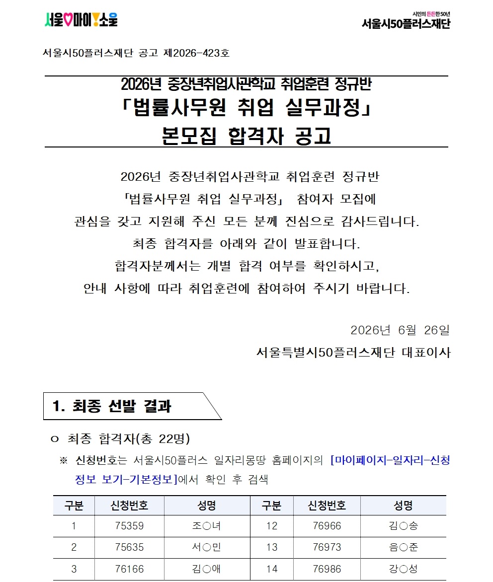 취업훈련 정규반 법률사무원 취업 실무과정 참여자 본모집 결과 공고 게시