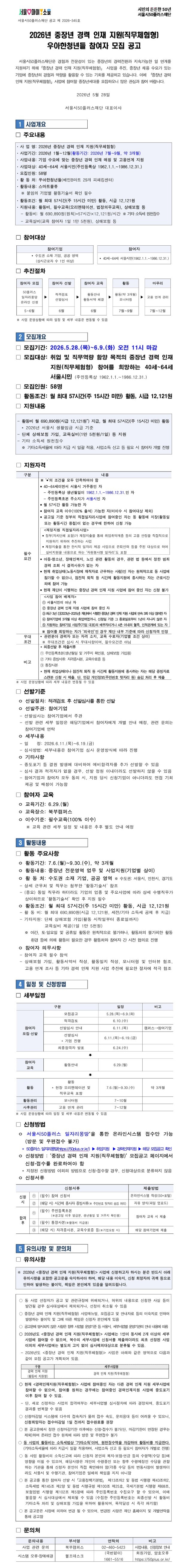 서울 마이소울 로고. 시민의 든든한 50년 서울시50플러스재단. 서울시50플러스재단 공고 제2026-345호. 제목: 2026년 중장년 경력 인재 지원(직무체험형) 우아한청년들 참여자 모집 공고. 서울시50플러스재단은 경험과 전문성이 있는 중장년의 경력전환과 지속가능한 일 연계를 지원하기 위해 「중장년 경력 인재 지원(직무체험형)」 사업을 추진, 중장년 채용 수요가 있는 기업에 중장년의 경험과 역량을 활용할 수 있는 기회를 제공하고 있습니다. 이에 「중장년 경력 인재 지원(직무체험형)」 사업에 참여할 중장년세대를 모집하오니 많은 관심과 참여 바랍니다. 2026년 5월 28일 서울시50플러스재단 대표이사. 1. 사업개요. □ 주요내용: 사업명 2026년 중장년 경력 인재 지원(직무체험형). 사업기간 2026년 1월부터 12월(활동기간 2026년 7월부터 9월, 약 3개월). 사업내용 기업 수요에 맞는 중장년 경력 인재 매칭 및 고용연계 지원. 사업대상 40세부터 64세 서울시민(주민등록상 1962.1.1.부터 1986.12.31.). 모집인원 58명. 활동처 우아한청년들(배민B마트 29개 피패킹센터). 활동내용 스마트물류(붙임의 기업별 활동기술서 확인 필수). 활동조건 월 최대 57시간(주 15시간 미만) 활동, 시급 12,121원. 지원내용 활동비, 필수교육(오리엔테이션, 법정의무교육), 상해보험 등. 활동비 월 690,890원(원칙)=57시간&times;12,121원/시간, 기타 소득세 원천징수. 교육실비(교육 참여자 1일 1만 5천원), 상해보험 등. □ 참여대상: 참여기업 - 수도권 소재 기업&middot;공공 영역(상시근로자 수 1인 이상). 참여자 - 40세부터 64세 서울시민(1962.1.1.부터 1986.12.31.). □ 추진절차: 참여자 모집(50플러스 일자리몽땅 온라인 신청, 5~6월) &rarr; 참여자 선발(적격검토&middot;선발심사, 6월) &rarr; 참여자 교육(활동안내&middot;활동서약 체결, 6월) &rarr; 활동(약 3개월 활동&middot;모니터링, 7~9월) &rarr; 마무리(고용 연계 관리, 7~12월). 사업 운영상황에 따라 일정 및 세부 내용은 변동될 수 있음. 2. 모집개요. □ 모집기간: 2026.5.28.(목)부터 6.9.(화) 오전 11시 마감. □ 모집대상: 취업 및 직무역량 함양 목적의 중장년 경력 인재 지원(직무체험형) 참여를 희망하는 40세부터 64세 서울시민(주민등록상 1962.1.1.부터 1986.12.31.). □ 모집인원: 58명. □ 활동조건: 월 최대 57시간(주 15시간 미만) 활동, 시급 12,121원. □ 지원내용: 활동비 월 690,890원(시급 12,121원) 지급, 월 최대 57시간(주 15시간 미만) 활동, 2026년 서울시 생활임금 시급 기준. 단체 상해보험 가입, 교육실비(1만 5천원/1일) 등 지원. 기타 소득세 원천징수(기타소득세율에 따라 지급 시 일괄 적용, 사업소득 신고 등 필요 시 참여자 개별 진행). □ 지원자격 [표, 구분/내용]. 필수요건: 다음 조건을 모두 만족하여야 함. 40세부터 64세이면서 서울시 거주중인 자 - 주민등록상 생년월일이 1962.1.1.부터 1986.12.31.인 자, 주민등록초본 주소지가 서울시인 자. 월 57시간 활동 가능한 자. 참여자 교육 이수(100% 출석) 가능한 자(미이수 시 참여대상 제외). 공고일 기준 정부의 직접일자리사업에 참여중인 자는 동 활동에 지장(활동일 또는 활동시간 중첩)이 없는 경우에 한하여 신청 가능. 재정지원 직접일자리사업이란: 정부(자치단체 포함)가 재정지출을 통해 취업취약계층 등의 고용 안정을 직접적으로 지원하기 위하여 추진하는 사업, 재정지출을 통한 한시적 일자리 제공 사업으로 은퇴인력 등을 주된 대상으로 하여 실비지원을 내용으로 하는 '자원봉사형 일자리'도 포함. 아동&middot;청소년, 장애인복지, 노인 관련 활동의 경우 관련 법 등에서 정한 범죄경력 조회 시 결격사유가 없는 자. 현재 취업상태(노동시장에 재직자로 근무하는 사람)인 자는 원칙적으로 동 사업에 참가할 수 없으나, 점진적 퇴직 등 시간제 활동지원에 종사하는 자는 근로시간 외에 참여 가능. 현재 재단이 시행하는 중장년 경력 인재 지원 사업에 참여 중인 자는 신청 불가. 사업 참여 배제자: ① 서울시민이 아닌 자, ② 중장년 경력 인재 지원 사업에 참여 중인 자, ③ 최근 3년간(2023년부터 2025년) 재단에서 시행한 중장년 경력 인재 지원 사업에 연속 3회 이상 참여한 자, ④ 참여기업에 3개월 이상 취업하였거나 신청일 기준 그 종료일로부터 1년이 지나지 않은 자, ⑤ 지원하는 참여기업 사업주(기업 대표)의 배우자이거나 4촌 이내의 혈족&middot;인척관계에 있는 자. 참여를 희망하는 자가 '외국인'인 경우 재단 내부 기준에 따라 신청자격 인정. 우대조건: 관련분야 경력자 또는 자격 소지, 교육 수료자(기업별 조건 상이), 우대조건은 심사 시 우대사항이며 필수요건은 아님. 비고: 최종선발 후 제출서류 ① 주민등록초본(생년월일 및 거주지 확인용, 상해보험 가입용), ② 기타 증빙서류 자격증사본&middot;교육수료증 등, ③ 통장사본. 현재 취업상태이나 점진적 퇴직 등 시간제 활동지원에 종사하는 자는 해당 증빙자료 스캔본 신청 시 제출(단, 민감 개인정보 숨김 처리 후 제출). 사업 운영상황에 따라 세부 내용은 변동될 수 있음. □ 선발기준: 선발절차 적격검토 후 선발심사를 통한 선발. 선발주관 참여기업 - 선발심사는 참여기업에서 주관, 선발 관련 세부 일정은 해당기업에서 참여자에게 개별 안내 예정, 관련 문의는 참여기업에 연락. 세부내용 - 일정 2026.6.11.(목)부터 6.19.(금), 심사방법은 참여기업 심사 운영방식에 따라 진행. 기타사항 - 중도포기 등 결원 발생에 대비하여 예비합격자를 추가 선발할 수 있음, 심사 결과 적격자가 없을 경우 선발 정원 이내더라도 선발하지 않을 수 있음, 참여기업과 참여자 모두 동의 시 지원 당시 신청기업이 아니더라도 면접 기회 제공 및 매칭 가능. □ 참여자 교육: 교육기간 6.29.(월), 교육장소 북부캠퍼스, 이수기준 필수교육(100% 이수), 교육 관련 세부 일정 및 내용은 추후 별도 안내 예정. 3. 활동내용. □ 활동 주요사항: 활동기간 7.6.(월)부터 9.30.(수) 약 3개월. 활동내용 중장년 전문영역 업무 및 사업지원(기업별 상이). 활동처 수도권 소재 기업&middot;공공 영역(수도권: 서울시&middot;인천시&middot;경기도), 상세 근무처 및 직무는 첨부한 '활동기술서' 참조, 동일 직무라 하더라도 기업의 업종 및 주요사업에 따라 상세 수행직무가 상이하므로 활동기술서 확인 후 지원 필수. 활동조건 월 최대 57시간(주 15시간 미만) 활동, 시급 12,121원. 활동비 월 최대 690,890원(시급 12,121원, 세전/기타 소득세 공제 후 지급). 기타지원 단체 상해보험 가입(활동 시작일부터 종료일까지), 교육실비 제공(1일 1만 5천원). 야간&middot;토&middot;일요일 및 공휴일 활동은 원칙적으로 불가하나 활동처의 불가피한 활동환경 등에 의해 활동이 필요한 경우 활동처와 참여자 간 사전 협의로 진행. □ 참여자 의무사항: 참여자 교육 필수 참석. 상해보험 가입, 활동서약서 작성, 활동일지 작성, 모니터링 및 인터뷰 협조, 고용 연계 조사 등 기타 경력 인재 지원 사업 추진에 필요한 절차에 적극 협조. 4. 일정 및 신청방법. □ 세부일정 [표]. 참여자 모집&middot;선발 - 모집공고 5.28.(목)부터 6.9.(화); 적격검토 6.10.(수); 선발심사 안내 6.11.(목), 비고 캠퍼스&rarr;참여기업; 선발심사(기업 진행) 6.11.(목)부터 6.19.(금); 최종합격자 발표 6.24.(수). 참여자 교육 - 활동안내 6.29.(월). 활동 - 활동(현장 오리엔테이션 및 직무교육 포함) 7.6.(월)부터 9.30.(수) 약 3개월; 활동관리 모니터링 7~10월; 사후관리 고용 연계 관리 7~12월. 사업 운영상황에 따라 일정 및 세부 내용은 변동될 수 있음. □ 신청방법: 서울시50플러스 일자리몽땅을 통한 온라인시스템 접수만 가능(방문 및 우편접수 불가). 일자리몽땅(https://50plus.or.kr/) &rarr; 취업지원 &rarr; 경력인재지원 &rarr; 해당 모집공고 확인. '중장년 경력 인재 지원(직무체험형)' 모집공고 페이지에서 신청&middot;접수를 완료하여야 함. 지정된 신청방법 이외의 방법으로 신청&middot;접수할 경우 신청대상으로 분류하지 않음. □ 신청서류 [표, 신청서류/제출방법]. 신청 시 ① (필수) 참여 신청서 - 온라인시스템 작성(50+포털); ② (해당 시) 시간제 종사자 증빙서류(주민번호 뒷자리 숨김 처리) - 자유 양식(파일 업로드). 합격 후 ① (필수) 주민등록초본(공고일 이후 발급분, 생년월일 및 거주지 확인용) - 참여자 교육 시 제출; ② (필수) 통장사본(활동비 지급용); ③ (해당 시) 자격증사본&middot;교육수료증 등(기업요청 시) - 해당 참여기업에 제출. 5. 유의사항 및 문의처. □ 유의사항: 2026년 〈중장년 경력 인재 지원(직무체험형)〉 사업에 신청하고자 하시는 분은 반드시 아래 유의사항을 포함한 공고문을 숙지하셔야 하며, 해당 내용 미숙지, 신청 희망자의 귀책 등으로 인하여 발생하는 불이익&middot;책임은 본인에게 있음을 알려드립니다. 동 사업 선정자가 공고 및 관련규정에 위배되거나 허위의 내용으로 신청한 사실 등이 발견될 경우 심사대상에서 제외되거나 선정이 취소될 수 있음. 경력 인재 지원(직무체험형) 사업매뉴얼&middot;모집공고 및 안내자료 등의 미숙지로 인하여 발생하는 불이익 및 그에 따른 책임은 신청자 본인에게 있음. 공고문에 명시되지 않은 사항은 향후 사업별 운영기준 등 서울시&middot;세부사업별 운영기관의 안내 내용에 따름. 2026년도 〈중장년 경력 인재 지원(직무체험형)〉 사업에는 1인이 동시에 2개 이상의 세부사업에 참여할 수 없으며, 복수의 세부사업에 신청서를 제출하더라도 최초 선정된 사업 이외의 세부사업에는 별도의 고지 없이 심사제외대상으로 분류될 수 있음. 2026년 〈중장년 경력 인재 지원(직무체험형)〉 사업은 아래와 같은 영역으로 모집 공고가 계획되어 있음 [표] 구분: 경력 인재 지원(활동비 지원형), 세부사업명: 경력 인재 지원(직무체험형). 현재 〈경력인재지원(직무체험형)〉 사업에 참여중인 자는 다른 경력 인재 지원 세부사업에 참여할 수 없으며, 참여를 원하는 경우에는 참여중인 경력인재지원 사업에 중도포기 이후 참여할 수 있음(단, 새로 신청하는 사업의 합격여부는 세부사업별 심사절차에 따라 결정되며 중도포기 결과를 번복할 수 없음). 신청마감일 시스템에 다수의 접속자가 몰려 접수 속도&middot;문의응대 등이 어려울 수 있으니 신청희망자는 접수마감일 1일 전까지 접수완료를 권장. 본 공고문에서 정한 신청마감기한 이후에는 신청&middot;접수가 불가(단, 마감기한이 연장된 경우는 제외)하며 온라인 접수 원칙에 따라 방문 및 우편접수 불가. 동 사업의 활동비는 소득세법상 '기타소득'이며 원천징수액을 차감하여 활동비를 지급한다(기타소득세율에 따라 지급 시 일괄 적용하며 사업소득 신고 등 필요 시 참여자가 개별로 진행). 동 사업 활동비의 소득신고에 따라 신청자 본인의 복지&middot;보험&middot;연금 등의 수령액(수당 등)에 영향을 미칠 수 있으며, 해당사항은 개인이 수령중인 또는 향후 수령예정인 수당을 관할하는 기관을 통해 신청자 본인이 직접 확인해야 함(각종 수당 등의 변동사항이 발생하더라도 서울시 및 수행기관&middot;참여기업은 일체의 책임을 지지 아니함). 본 공고를 통한 참여자 선발 시 「고용정책기본법」 제13조의2 및 동법 시행령 제43조의2, 소득세법 제145조 제2항 및 동법 시행규칙 제100조 제25호, 국세기본법 시행령 제68조, 보험업법 시행령 제102조 제5항에 따라 주민등록번호 수집요구를 할 수 있으며, 이에 불응할 시 심사대상에서 제외될 수 있음(수집한 주민등록번호는 최종 선발 시 활동비 기타소득 처리 및 상해보험 가입을 위하여 활용되며 목적 달성 시 즉각 파기함). 본 공고문은 사정에 의하여 변경될 수 있으며, 변경된 사항은 재단 홈페이지 및 개별연락을 통해 공고함. □ 문의처 [표, 문의내용/부서명/연락처/비고]. 사업 관련 문의 - 북부캠퍼스, 02-460-5423, 사업내용&middot;신청정보 안내. 시스템 오류&middot;장애해결 - 헬프데스크, (국번없이) 1661-5516, 회원가입&middot;암호오류, https://50plus.or.kr/.
