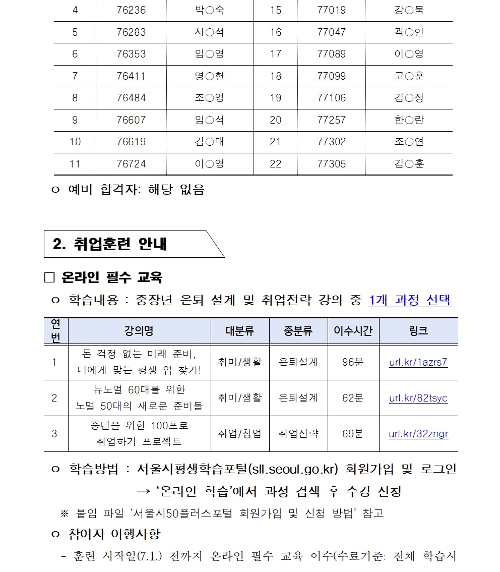 취업훈련 정규반 법률사무원 취업 실무과정 참여자 본모집 결과 공고 게시
