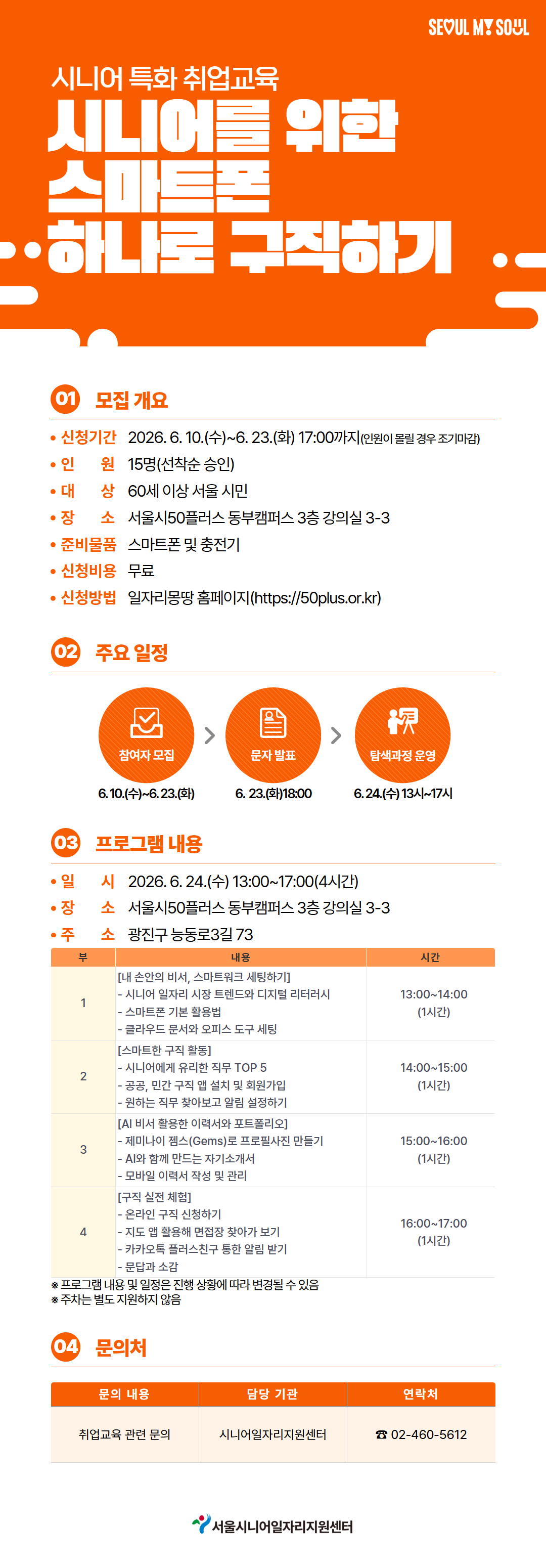 SEOUL MY SOUL. 시니어 특화 취업교육 시니어를 위한 스마트폰 하나로 구직하기. 01 모집 개요. 신청기간 2026. 6. 10.(수)~6. 23.(화) 17:00까지(인원이 몰릴 경우 조기마감). 인 원 15명(선착순 승인). 대 상 60세 이상 서울 시민. 장 소 서울시50플러스 동부캠퍼스 3층 강의실 3-3. 준비물품 스마트폰 및 충전기. 신청비용 무료. 신청방법 일자리몽땅 홈페이지(https://50plus.or.kr). 02 주요 일정. 참여자 모집 6.10.(수)~6.23.(화). 문자 발표 6. 23.(화)18:00. 탐색과정 운영 6.24.(수) 13시~17시. 03 프로그램 내용. 일 시 2026. 6. 24.(수) 13:00~17:00(4시간). 장 소 서울시50플러스 동부캠퍼스 3층 강의실 3-3. 주 소 광진구 능동로3길 73. 부 내용 시간. 1 [내 손안의 비서, 스마트워크 세팅하기] 시니어 일자리 시장 트렌드와 디지털 리터러시. 스마트폰 기본 활용법. 클라우드 문서와 오피스 도구 세팅 13:00~14:00 (1시간). 2 [스마트한 구직 활동] 시니어에게 유리한 직무 TOP 5. 공공, 민간 구직 앱 설치 및 회원가입. 원하는 직무 찾아보고 알림 설정하기 14:00~15:00 (1시간). 3 [AI 비서 활용한 이력서와 포트폴리오] 제미나이 젬스(Gems)로 프로필사진 만들기. AI와 함께 만드는 자기소개서. 모바일 이력서 작성 및 관리 15:00~16:00 (1시간). 4 [구직 실전 체험] 온라인 구직 신청하기. 지도 맵 활용해 면접장 찾아가 보기. 카카오톡 플러스친구 통한 알림 받기. 문답과 소감 16:00~17:00 (1시간). 프로그램 내용 및 일정은 진행 상황에 따라 변경될 수 있음. 주차는 별도 지원하지 않음. 04 문의처. 문의 내용 담당 기관 연락처. 취업교육 관련 문의 시니어일자리지원센터 02-460-5612. 서울시니어일자리지원센터.