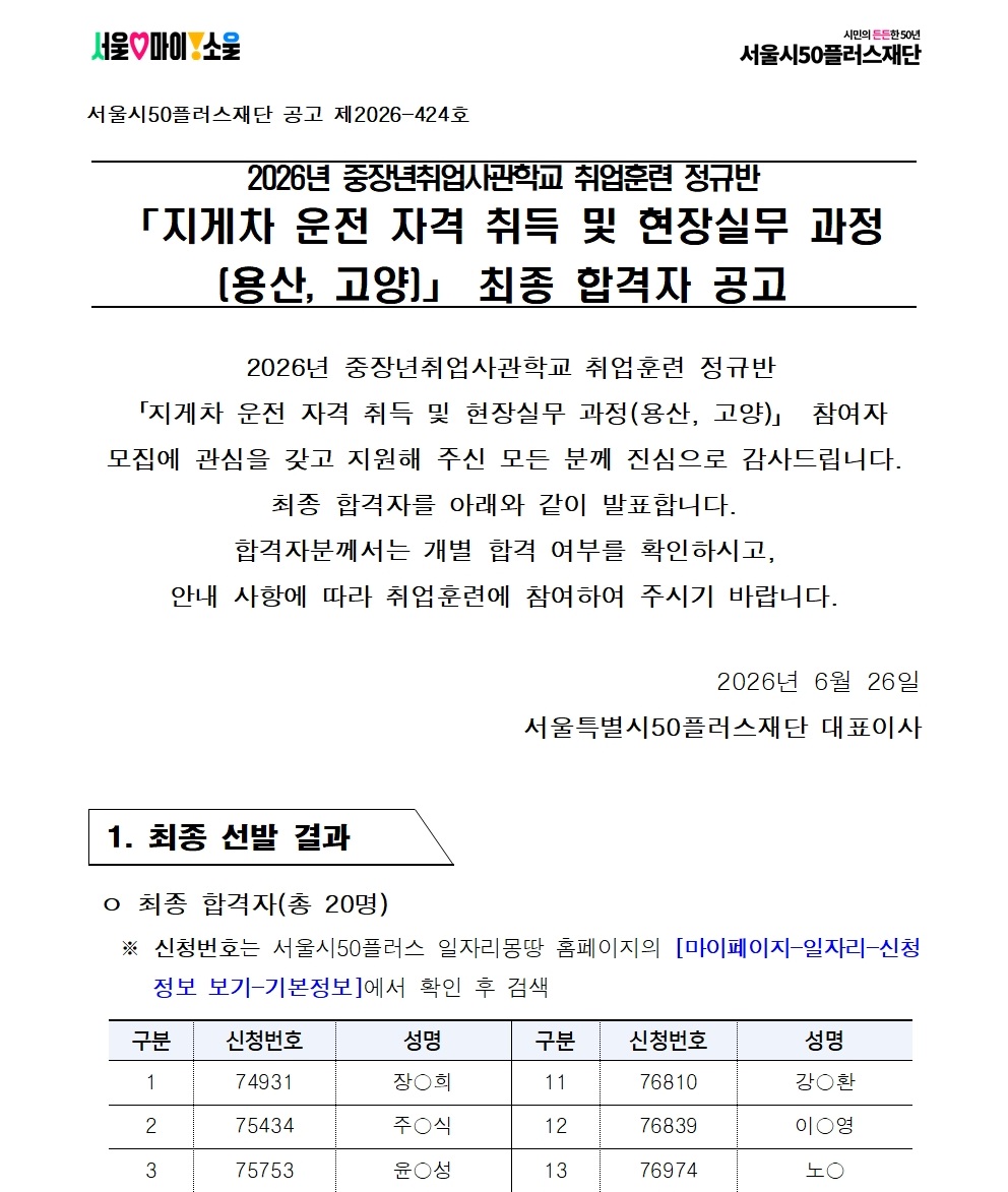 취업훈련 정규반 법률사무원 취업 실무과정 참여자 본모집 결과 공고 게시