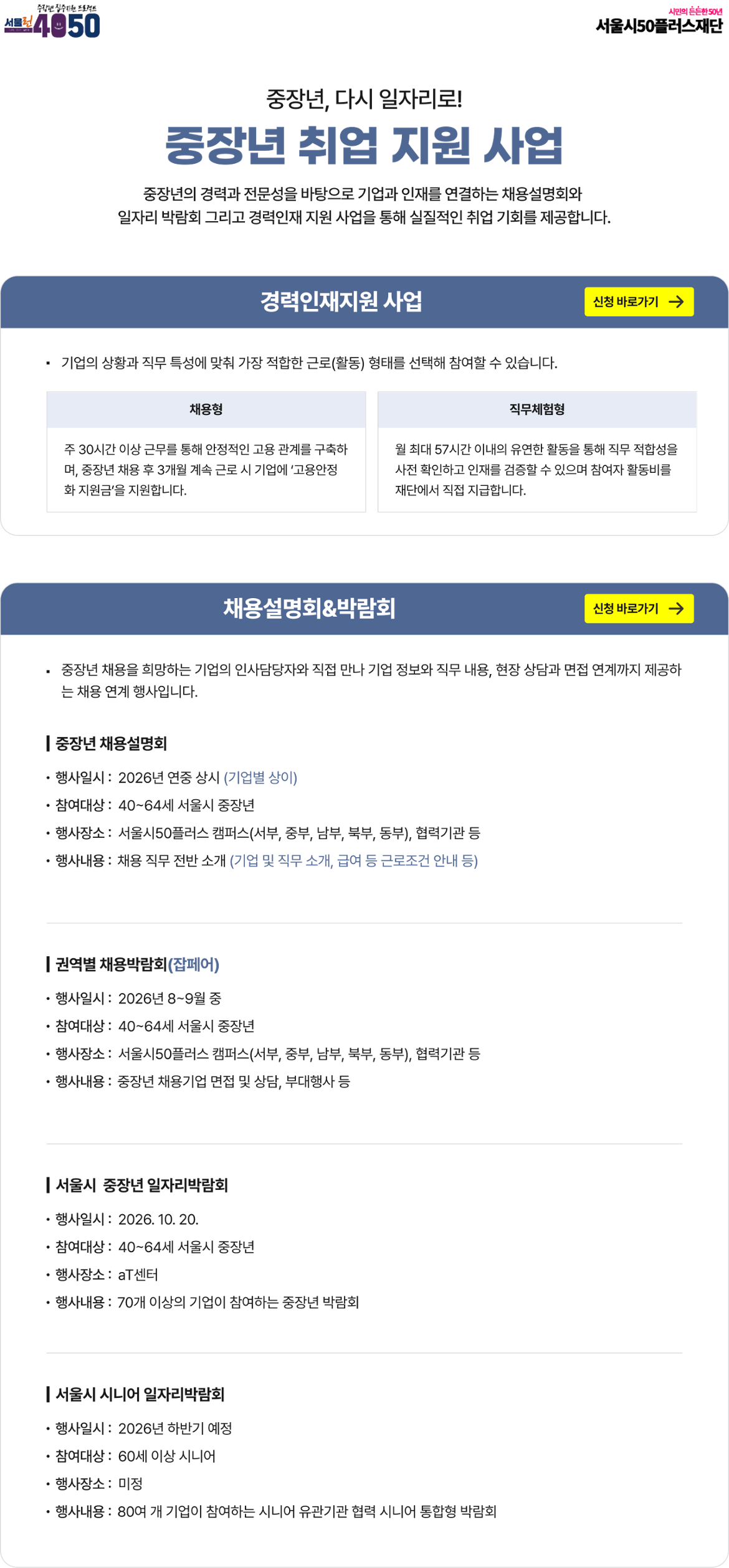 중장년, 다시 일자리로! 중장년 취업 지원 사업. 중장년의 경력과 전문성을 바탕으로 기업과 인재를 연결하는 채용설명회와 일자리 박람회 그리고 경력인재 지원 사업을 통해 실질적인 취업 기회를 제공합니다.  경력인재지원 사업. 기업의 상황과 직무 특성에 맞춰 가장 적합한 근로(활동) 형태를 선택해 참여할 수 있습니다. 채용형: 주 30시간 이상 근무를 통해 안정적인 고용 관계를 구축하며, 중장년 채용 후 3개월 계속 근로 시 기업에 '고용안정화 지원금'을 지원합니다. 직무체험형: 월 최대 57시간 이내의 유연한 활동을 통해 직무 적합성을 사전 확인하고 인재를 검증할 수 있으며 참여자 활동비를 재단에서 직접 지급합니다.  채용설명회&박람회. 중장년 채용을 희망하는 기업의 인사담당자와 직접 만나 기업 정보와 직무 내용, 현장 상담과 면접 연계까지 제공하는 채용 연계 행사입니다.  중장년 채용설명회. 행사일시: 2026년 연중 상시 (기업별 상이). 참여대상: 40~64세 서울시 중장년. 행사장소: 서울시50플러스 캠퍼스(서부, 중부, 남부, 북부, 동부), 협력기관 등. 행사내용: 채용 직무 전반 소개 (기업 및 직무 소개, 급여 등 근로조건 안내 등).  권역별 채용박람회(잡페어). 행사일시: 2026년 8~9월 중. 참여대상: 40~64세 서울시 중장년. 행사장소: 서울시50플러스 캠퍼스(서부, 중부, 남부, 북부, 동부), 협력기관 등. 행사내용: 중장년 채용기업 면접 및 상담, 부대행사 등.  서울시 중장년 일자리박람회. 행사일시: 2026. 10. 20. 참여대상: 40~64세 서울시 중장년. 행사장소: aT센터. 행사내용: 70개 이상의 기업이 참여하는 중장년 박람회.  서울시 시니어 일자리박람회. 행사일시: 2026년 하반기 예정. 참여대상: 60세 이상 시니어. 행사장소: 미정. 행사내용: 80여 개 기업이 참여하는 시니어 유관기관 협력 시니어 통합형 박람회.
